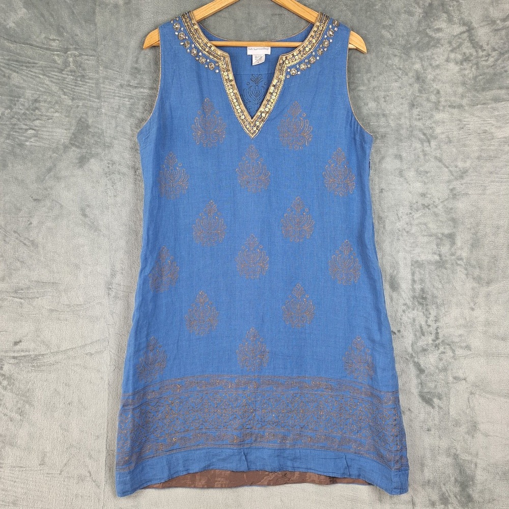 Soft Surroundings Dress Medium Blue Linen Boho Beach Coastal Sequin Beaded Shift